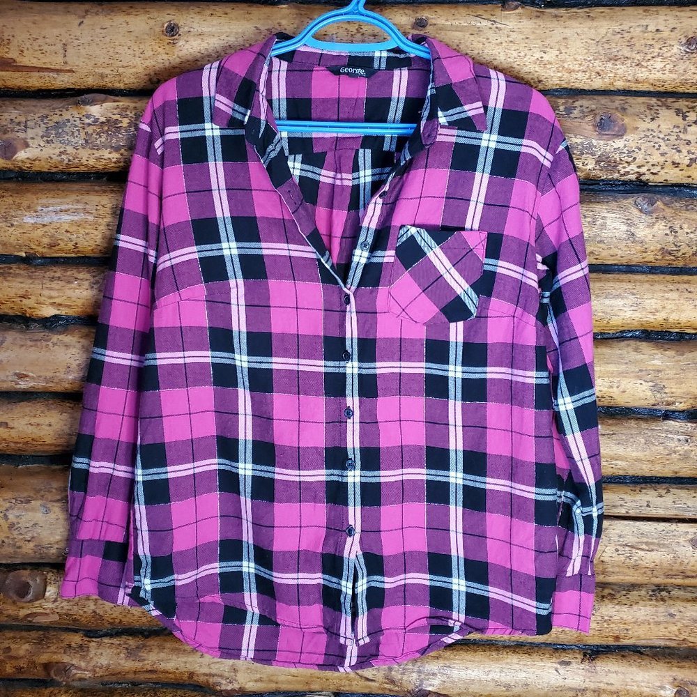 George Plaid Button-up Blouse in Black White Pink Metallic Stripe